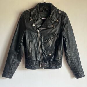 Vintage Genuine Leather Motorcycle Biker Jacket Black Fits XS Small Made in USA